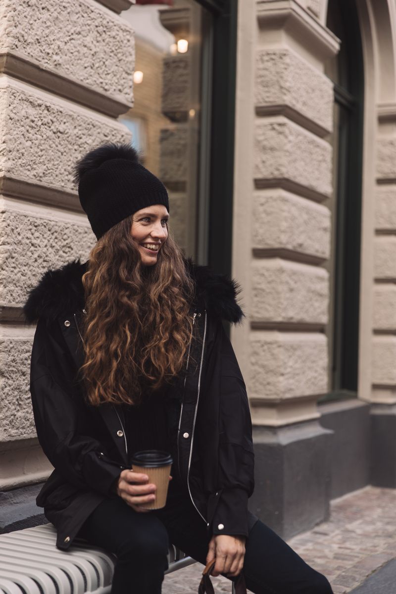 Augusta Parka | Waschbär, Kaninchen Schwarz/Schwarz