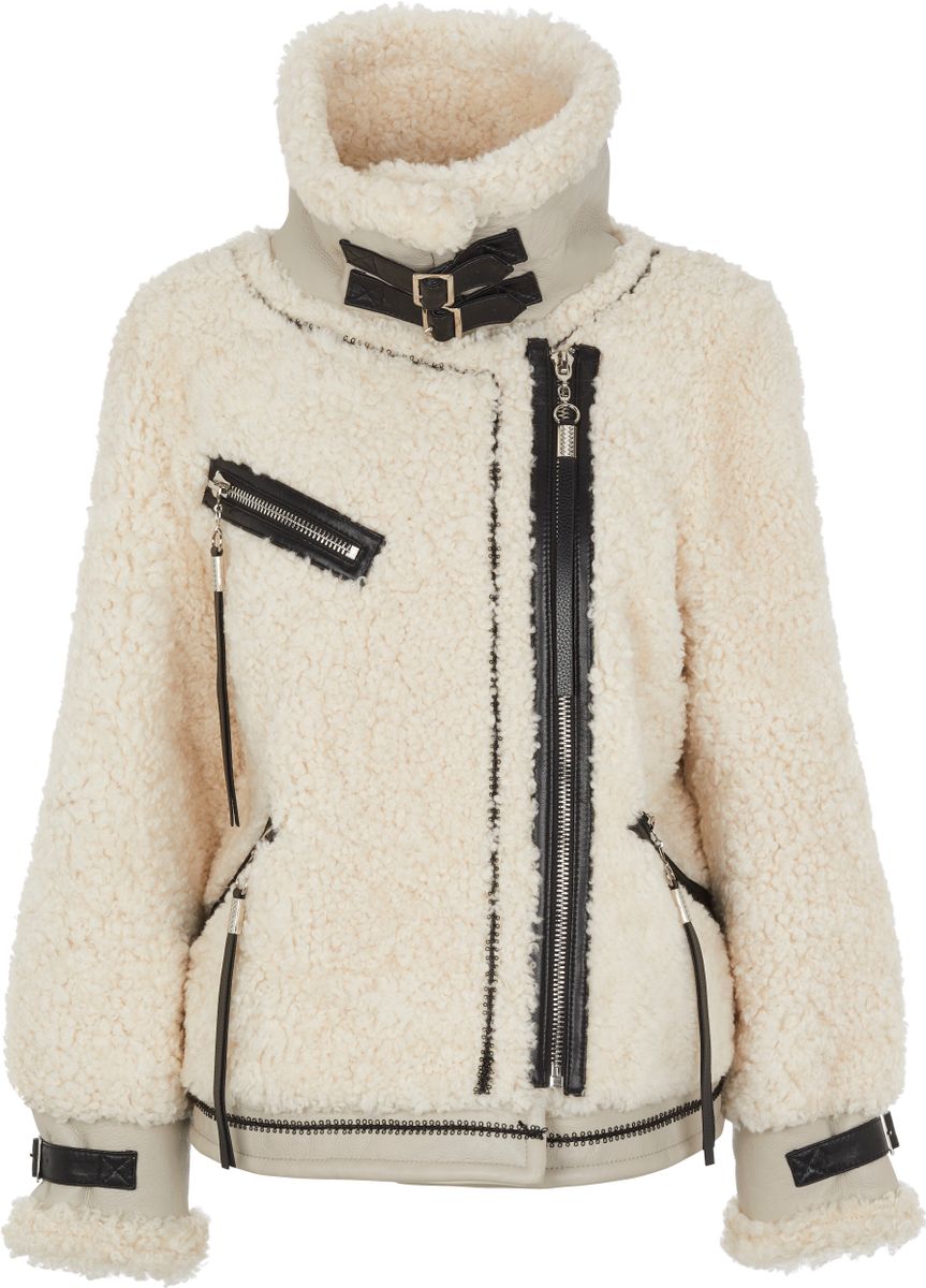 Nicki Jacke | Lammfell, Leder Perlweiß