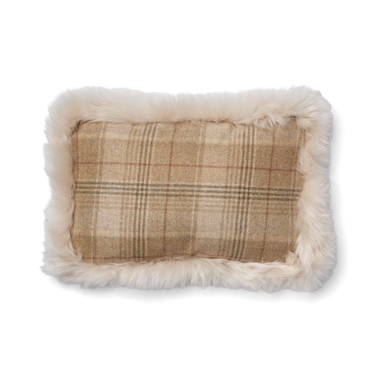 Kariertes Wollkissen | 100% Wolle | Fellborte | 34x52 cm Sand Beige/Leinen