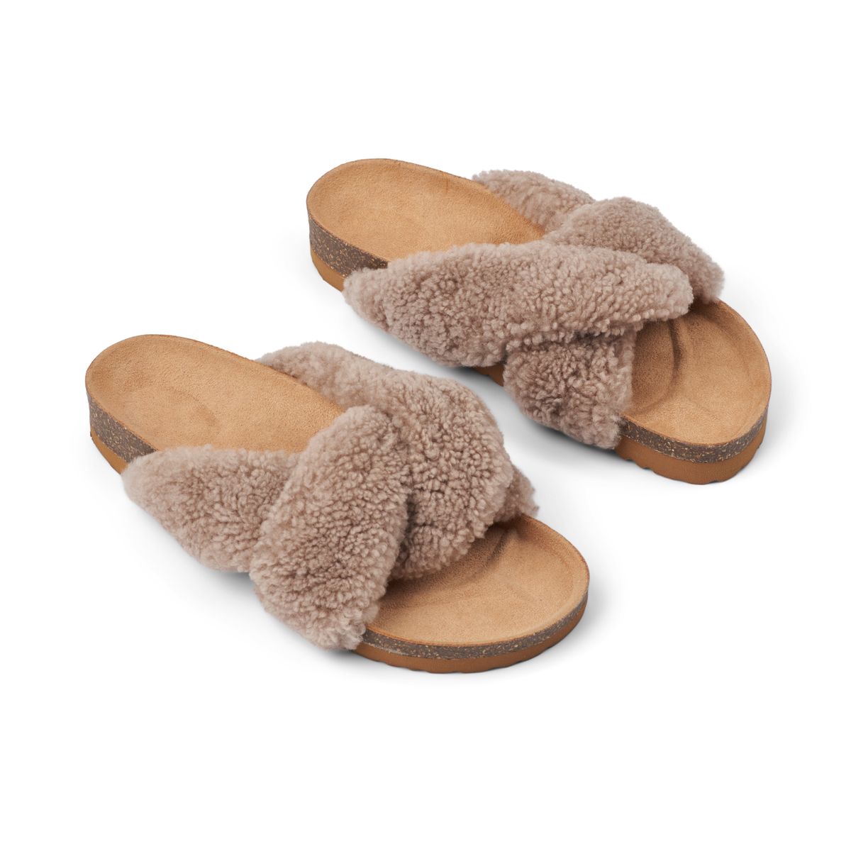 Lilly Cross Slippers | Lammwolle, Kork Teddybraun