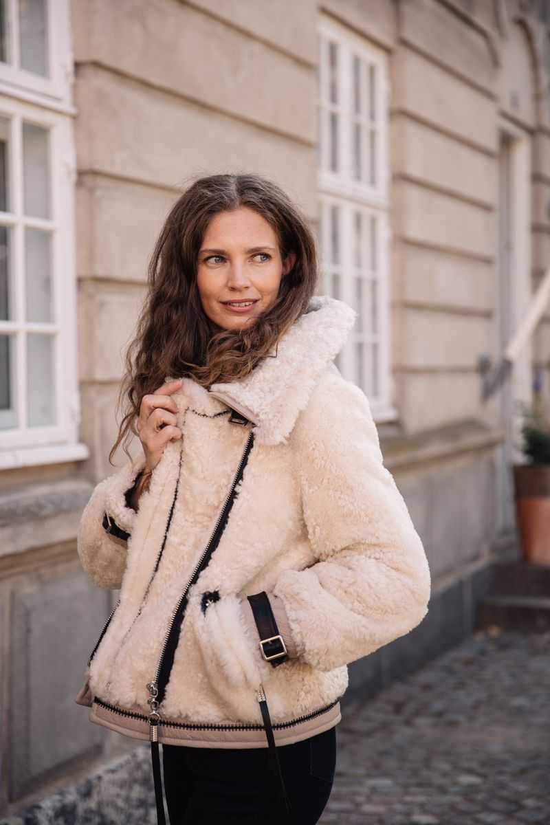 Nicki Jacke | Lammfell, Leder Beige