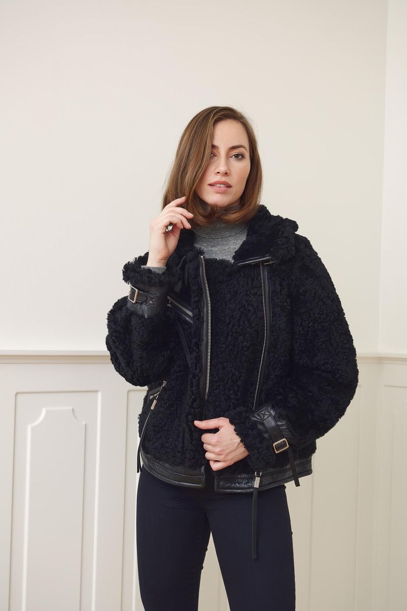 Nicki Jacke | Lammfell, Leder Schwarz